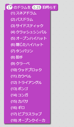 1のドラムを0.25拍鳴らす